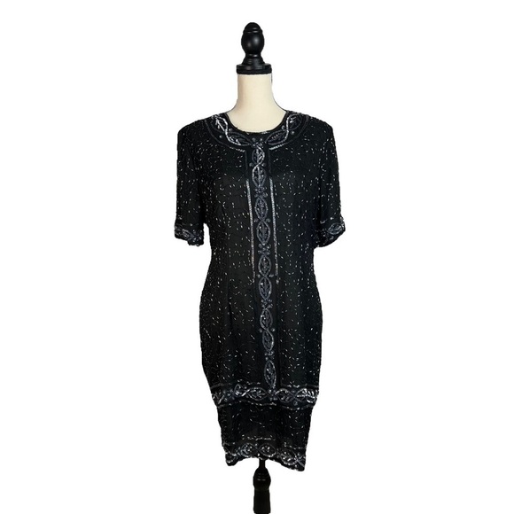 Stenay Silk Beaded Dress Black Short Sleeve Party Iridescent VINTAGE DEADSTOCK - Picture 1 of 14
